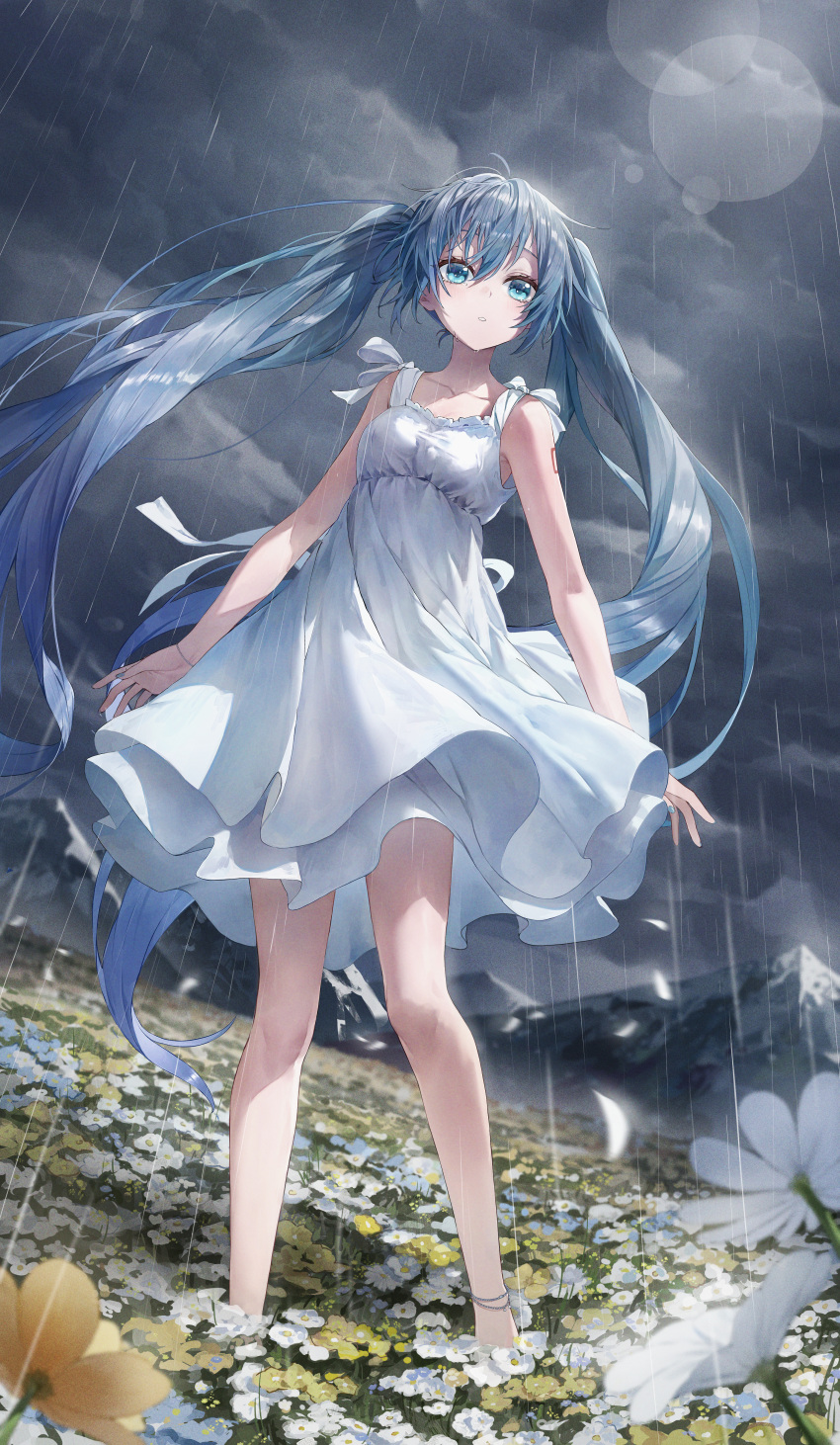 1girl absurdres blue_eyes blue_hair breasts cloud cloudy_sky collarbone dress field flower flower_field fudepenbrushpen hatsune_miku highres long_hair outdoors parted_lips rain sky sleeveless sleeveless_dress small_breasts solo storm storm_cloud sundress twintails very_long_hair vocaloid white_dress