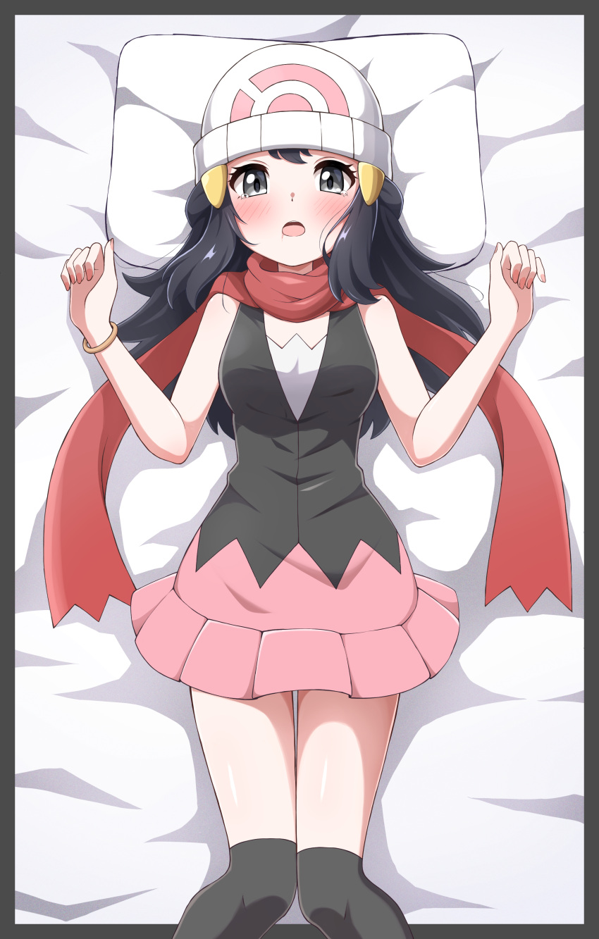 ! 1girl absurdres beanie bed_sheet black_hair blush bracelet dawn_(pokemon) eyelashes grey_eyes hair_ornament hairclip hands_up hat head_on_pillow highres jewelry long_hair looking_at_viewer lying nail_polish on_back open_mouth over-kneehighs pillow pink_skirt pokemon pokemon_(game) pokemon_dppt red_scarf scarf shabana_may shiny_skin shirt sidelocks skirt sleeveless sleeveless_shirt solo thighhighs w_arms white_headwear