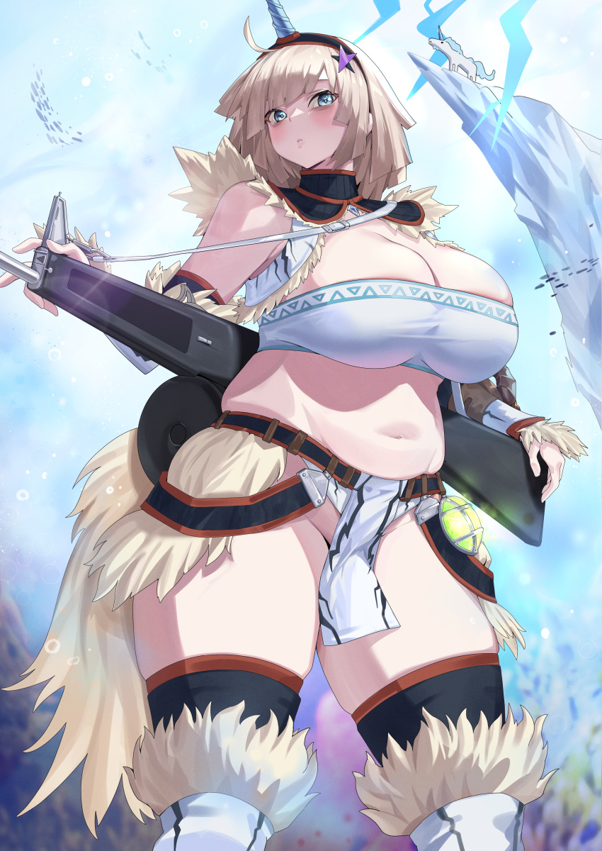 aa-12_(girls'_frontline) absurdres ahoge bags_under_eyes blonde_hair blue_eyes blunt_bangs breasts commission curvy fat highres kirin_(armor) large_breasts monster_hunter_(series) navel pixiv_commission plump shio05_(05_sio) skindentation solo