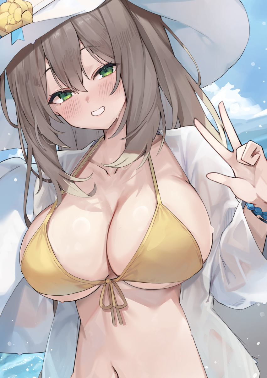 1girl absurdres bikini blue_archive blush breasts brown_hair cleavage collarbone front-tie_bikini_top front-tie_top green_eyes grin hair_between_eyes hat highres jacket kuroshiro_kanae large_breasts long_hair long_sleeves looking_at_viewer navel nonomi_(blue_archive) nonomi_(swimsuit)_(blue_archive) official_alternate_costume open_clothes open_jacket smile solo swimsuit upper_body v white_headwear white_jacket yellow_bikini