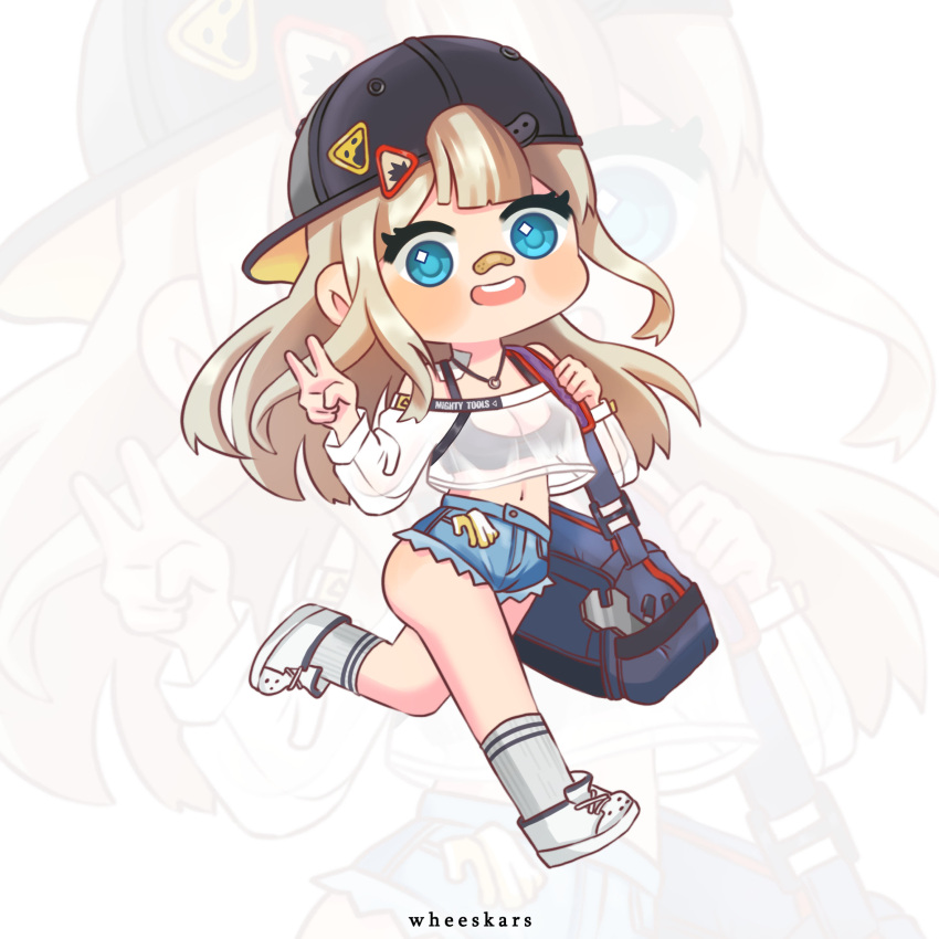 1girl :d artist_name ass backwards_hat bag bandaid bandaid_on_face bandaid_on_nose bare_shoulders baseball_cap blonde_hair blue_eyes blue_shorts blunt_bangs blush centi_(nikke) centi_(supreme_holiday)_(nikke) chibi denim denim_shorts duffel_bag goddess_of_victory:_nikke hand_up hat highres holding_strap jewelry long_hair looking_at_viewer necklace off-shoulder_shirt off_shoulder official_alternate_costume open_mouth see-through see-through_shirt shirt shoes short_shorts shorts smile sneakers socks solo sports_bra strap teeth upper_teeth_only v wheeskars white_footwear white_shirt white_socks zoom_layer