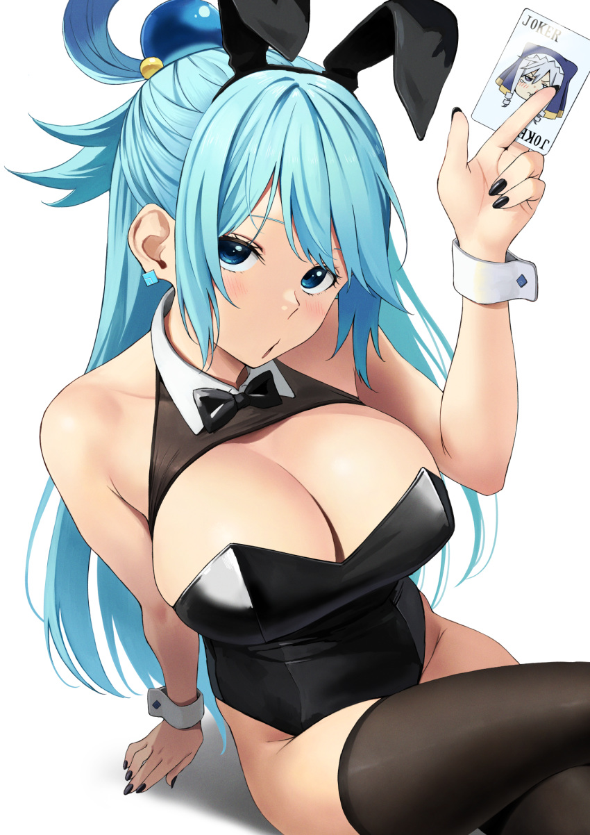 1girl animal_ears aqua_(konosuba) arm_support arm_up bare_shoulders black_bow black_bowtie black_leotard black_nails black_thighhighs blue_eyes blue_hair blush bow bowtie breasts card character_print cleavage collarbone commentary_request crossed_legs detached_collar earrings english_commentary eris_(konosuba) fake_animal_ears hair_ornament highleg highleg_leotard highres holding holding_card izawa_(bhive003) jewelry kono_subarashii_sekai_ni_shukufuku_wo! large_breasts leotard long_hair looking_at_viewer mixed-language_commentary nail_polish paid_reward_available playboy_bunny playing_card rabbit_ears revision simple_background single_hair_ring sitting solo strapless strapless_leotard thighhighs thighs very_long_hair white_background white_wrist_cuffs wrist_cuffs