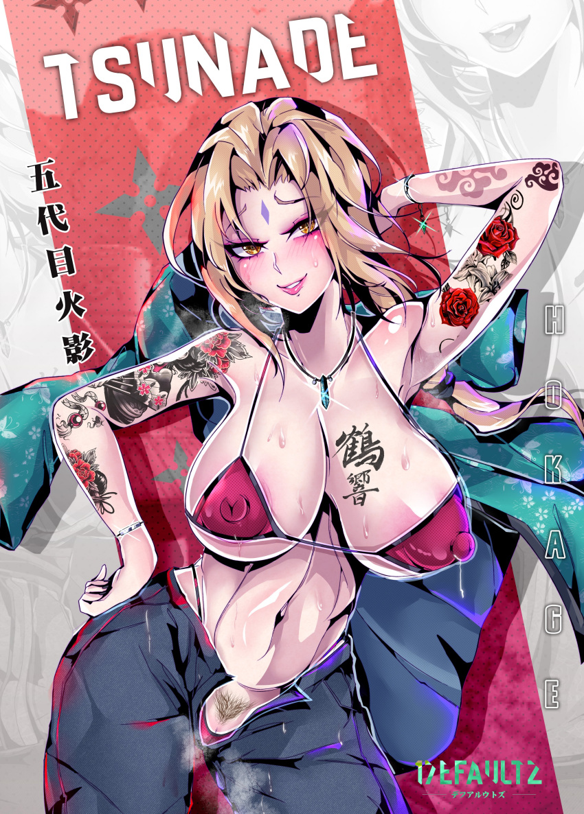 1girl absurdres arm_behind_head arm_tattoo armpits artist_name bikini blonde_hair blush body_writing bracelet breast_tattoo character_name covered_nipples cowboy_shot defaultz female_pubic_hair flower_tattoo grey_pants hand_on_own_hip highleg highleg_bikini highres jewelry midriff naruto_(series) navel necklace open_fly pants pink_bikini pubic_hair solo sweat swimsuit tattoo tsunade_(naruto) yellow_eyes