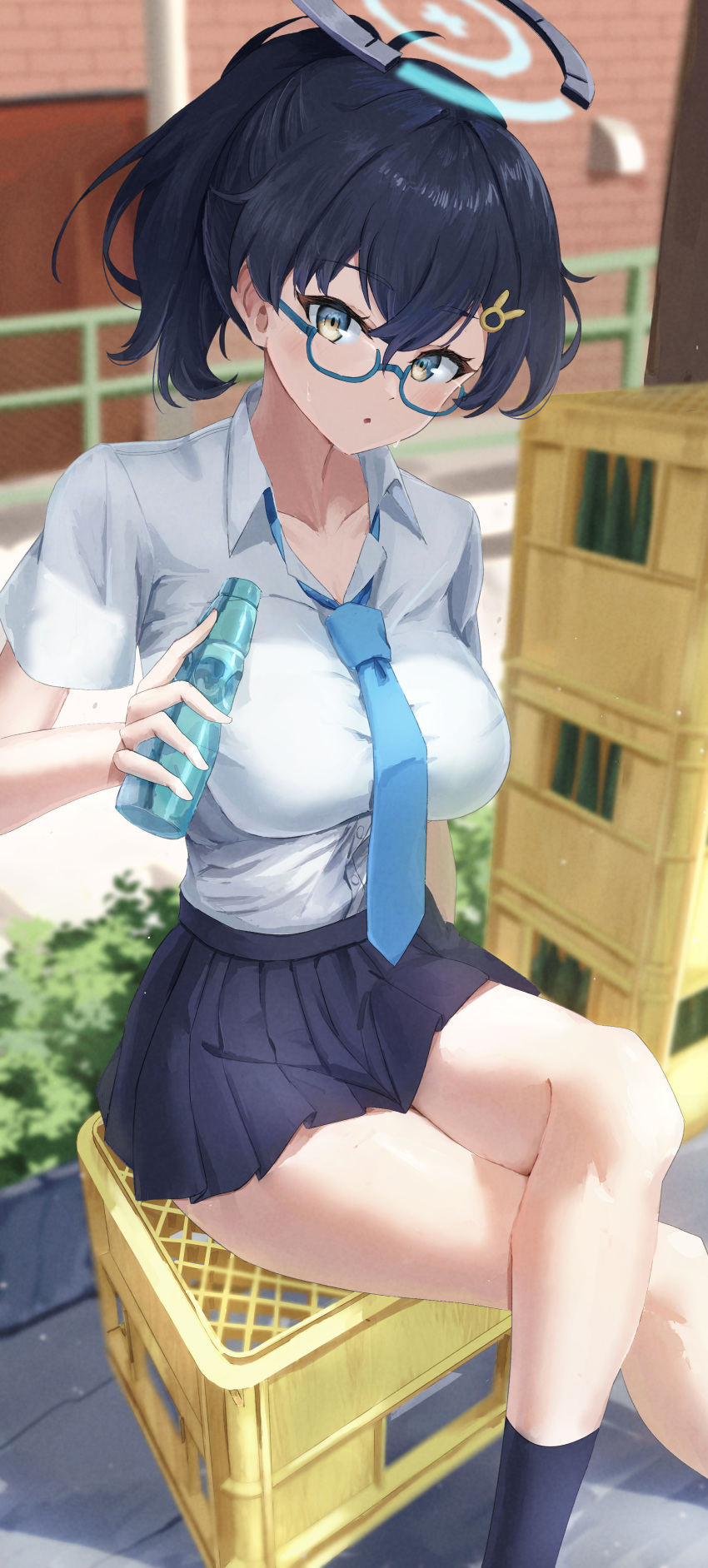 1girl absurdres alternate_costume alternate_hairstyle black_hair black_socks blue-framed_eyewear blue_archive blue_skirt bottle breasts chihiro_(blue_archive) crossed_legs glasses halo highres holding holding_bottle kneehighs looking_at_viewer loose_necktie medium_breasts miniskirt necktie pleated_skirt ponytail ramune school_uniform shirt shirt_tucked_in sitting skirt socks solo white_shirt yakishio