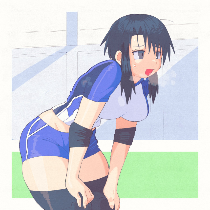 1girl alternate_costume ass azumanga_daioh blue_hair blue_shorts breasts cowboy_shot elbow_pads grey_eyes groin gym hands_on_own_knees heavy_breathing highres inkerton-kun knee_pads kurosawa_minamo large_breasts midriff open_mouth short_hair_with_long_locks short_shorts shorts sidelocks skindentation solo sportswear sweat sweatdrop thick_thighs thighs volleyball_uniform