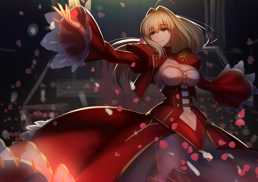 1girl ahoge alternate_hairstyle blonde_hair breasts cleavage cropped_jacket dress english_commentary falling_petals fate/extra fate_(series) green_eyes hair_between_eyes jacket kotera_ryou large_breasts long_sleeves nail_polish nero_claudius_(fate) nero_claudius_(fate/extra) parted_lips petals red_dress red_jacket red_nails solo wide_sleeves