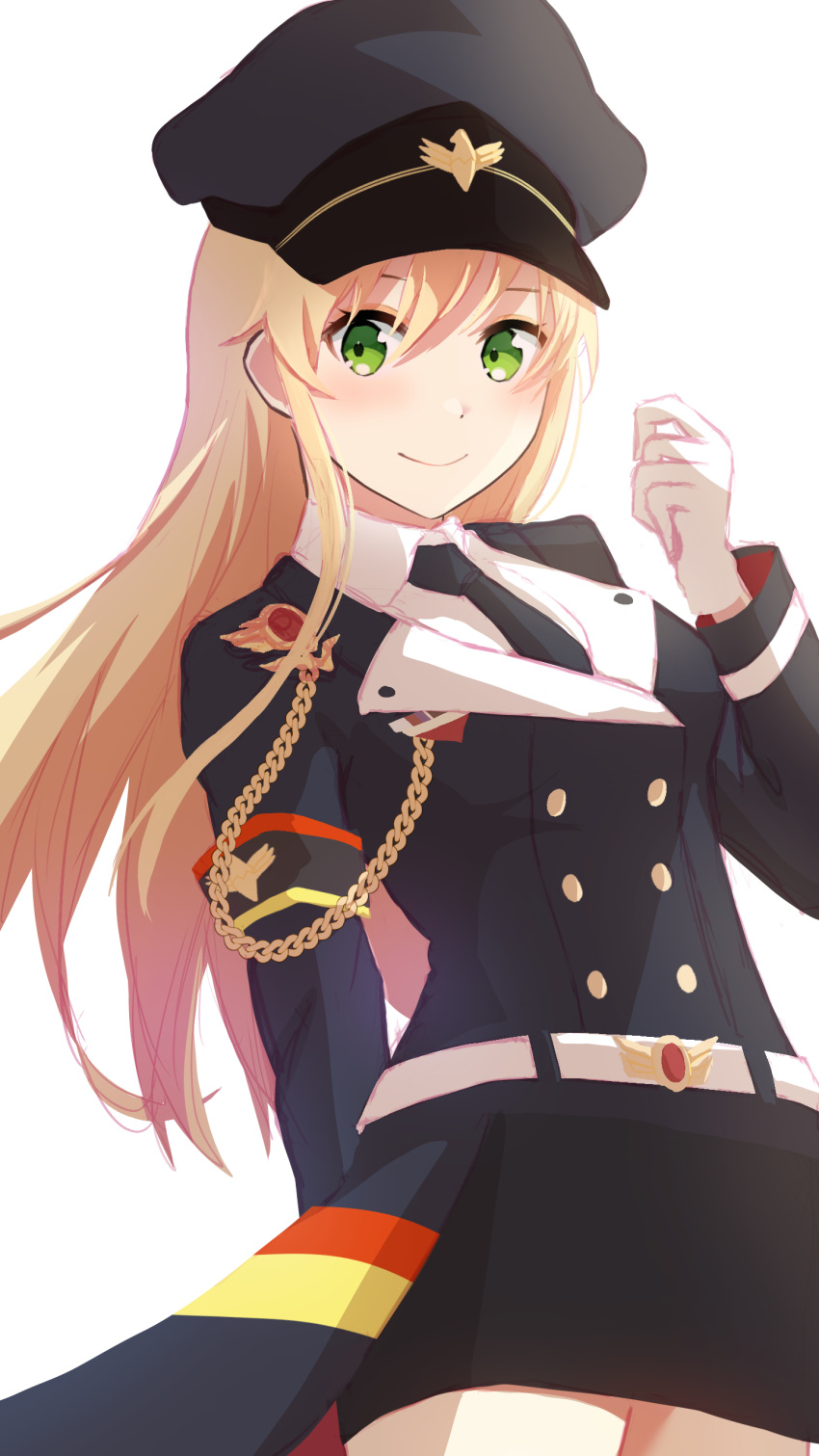 2525madara3 absurdres armband blonde_hair blush commission commissioner_upload girls'_frontline gloves green_eyes hat highres long_hair looking_at_viewer military_hat military_uniform necktie shirt skeb_commission smile stg44_(girls'_frontline) uniform white_gloves white_shirt