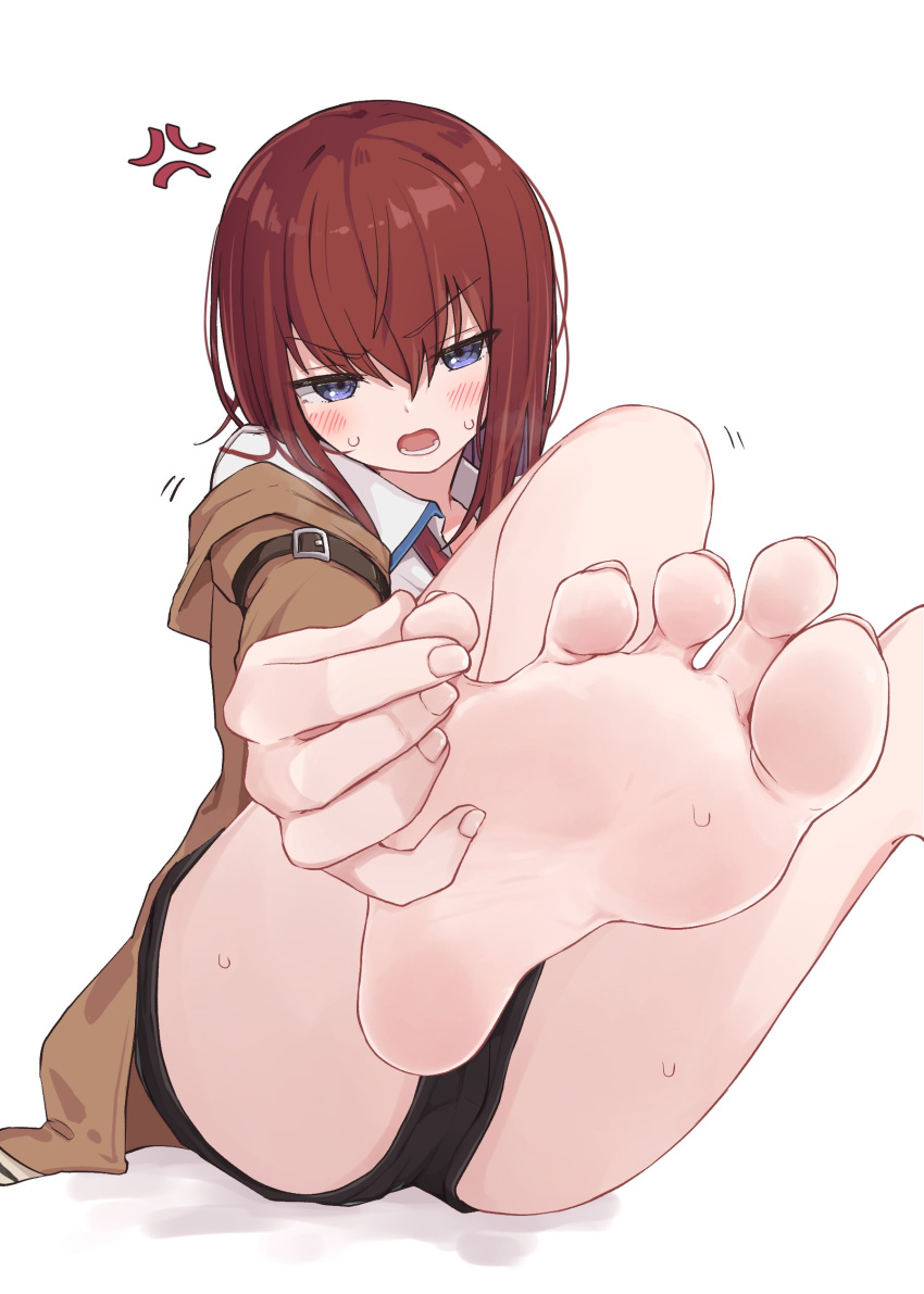 1girl absurdres ass bare_legs barefoot black_shorts blue_eyes brown_jacket collared_shirt commentary_request feet foot_focus foot_out_of_frame foot_up foreshortening hair_between_eyes hand_on_own_foot head_tilt heavy_breathing highres jacket kahlua_(artist) knees_up lower_teeth_only makise_kurisu necktie red_hair red_necktie shadow shirt shorts sidelocks simple_background sitting soles solo spread_toes steins;gate sweat sweatdrop teeth thighs toes white_background white_shirt