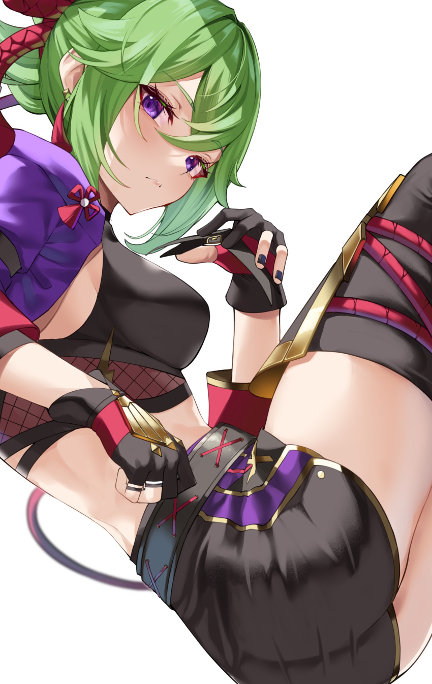 1girl absurdres ass black_gloves black_shorts black_thighhighs breasts closed_mouth crop_top fingerless_gloves from_side genshin_impact gloves green_hair hair_between_eyes highres holding holding_mask jewelry kuki_shinobu looking_at_viewer mask medium_breasts nail_polish purple_eyes purple_nails ring short_hair short_shorts shorts simple_background solo thighhighs white-paka white_background