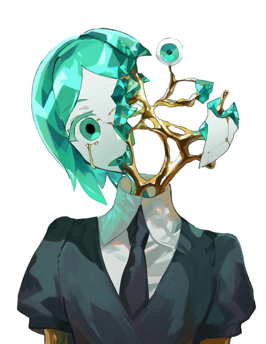 1other androgynous aqua_eyes aqua_hair black_shirt breaking broken collared_shirt colored_eyelashes colored_skin cracked_skin crying crying_with_eyes_open crystal_hair decapitation disembodied_head eyeball gem_uniform_(houseki_no_kuni) glowing glowing_hair gold golden_arms head_tilt high_collar highres houseki_no_kuni leaking liquid molten_metal necktie niku_0000 other_focus parted_bangs phosphophyllite phosphophyllite_(gemstone) puffy_short_sleeves puffy_sleeves severed_head shirt short_hair short_sleeves solo tears upper_body white_skin wing_collar