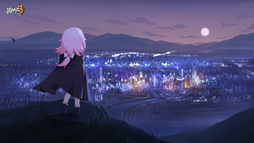 1girl aged_down black_coat black_footwear building chinese_commentary city city_lights cloud coat elysia_(honkai_impact) female_child full_body full_moon highres honkai_(series) honkai_impact_3rd logo looking_afar medium_hair moon mountain official_art official_wallpaper pink_hair pointy_ears ribbon road sky solo standing white_ribbon