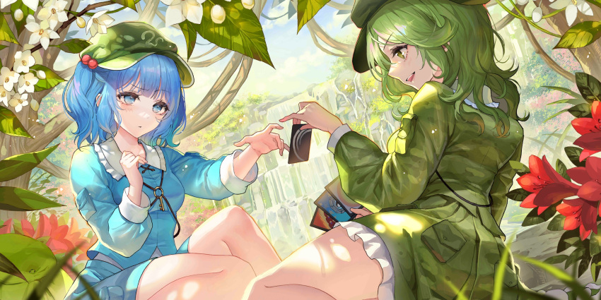 2girls :/ blue_eyes blue_hair blue_jacket blue_shorts blush camouflage camouflage_jacket camouflage_skirt card cliff closed_mouth cloud collared_shirt day flat_cap flower frilled_shirt_collar frilled_skirt frills green_eyes green_hair green_headwear green_jacket green_skirt hair_bobbles hair_ornament hat highres holding holding_card jacket jewelry kawashiro_nitori leaf long_hair long_sleeves looking_at_another multiple_girls non-web_source official_art okuma_mai outdoors parted_lips raised_eyebrow red_flower ring second-party_source shirt short_twintails shorts sitting skirt sky smile teeth touhou touhou_lost_word twintails upper_teeth_only water waterfall white_flower white_shirt yamashiro_takane