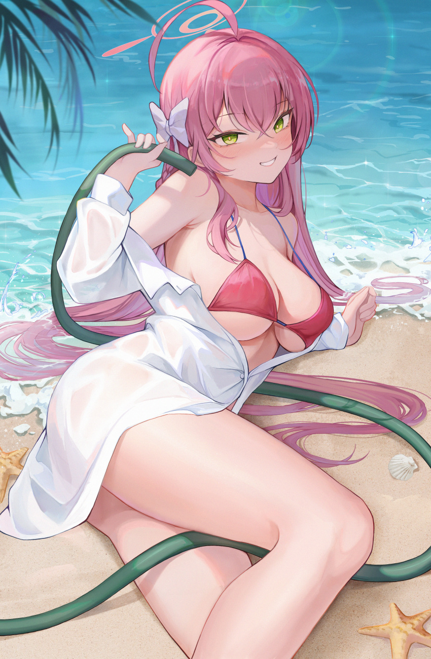 1girl absurdres ahoge ass barefoot beach bed_sheet between_thighs bikini blue_archive blush breasts commentary_request day green_eyes grin hair_ornament halo hanako_(blue_archive) hanako_(swimsuit)_(blue_archive) highres hose large_breasts long_hair long_sleeves looking_at_viewer lying navel off_shoulder official_alternate_costume on_side open_clothes outdoors palm_tree pillow pink_hair shirt smile solo swimsuit thighs tree very_long_hair water white_shirt yuuichi_yuiko