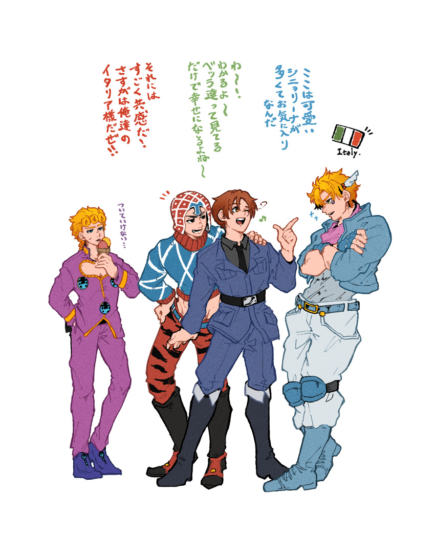 4boys absurdres argyle axis_powers_hetalia battle_tendency blonde_hair boots caesar_anthonio_zeppeli crossed_arms crossover double_scoop eating food giorno_giovanna guido_mista hair_ornament hand_on_another's_shoulder hat highres ice_cream index_finger_raised italian_flag jojo_no_kimyou_na_bouken long_hair lower_teeth_only male_focus midriff multiple_boys musical_note northern_italy_(hetalia) pectoral_cleavage pectorals pointing smile teeth turtleneck user_ghch5355 vento_aureo zipper