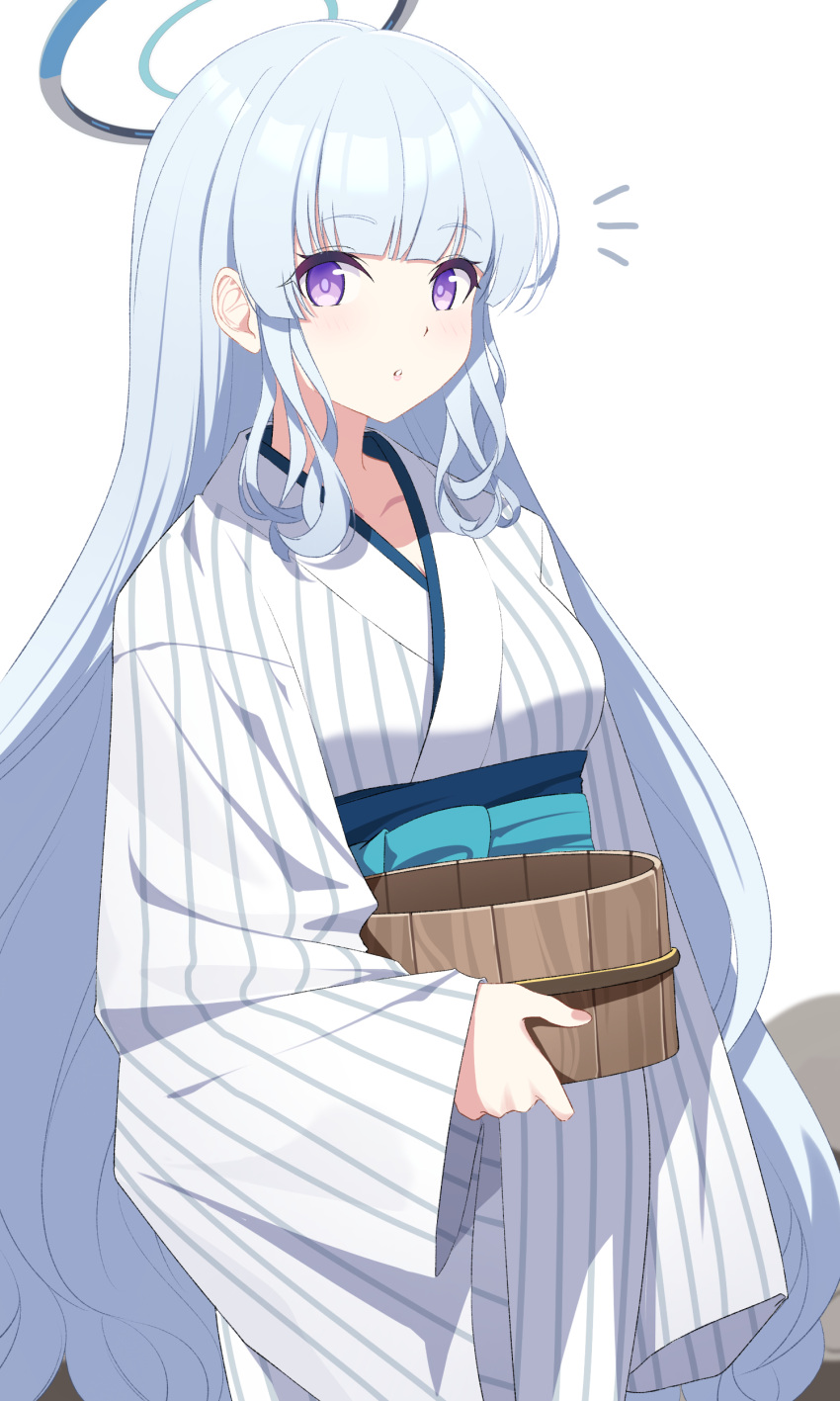 1girl :o absurdres alternate_costume alternate_hair_length alternate_hairstyle blue_archive blue_hair breasts bucket commentary fingernails halo highres holding holding_bucket japanese_clothes kimono long_hair long_sleeves looking_at_viewer mechanical_halo medium_breasts noa_(blue_archive) obi parted_lips purple_eyes reia_76 sash simple_background solo striped striped_kimono vertical-striped_kimono vertical_stripes very_long_hair white_background white_kimono