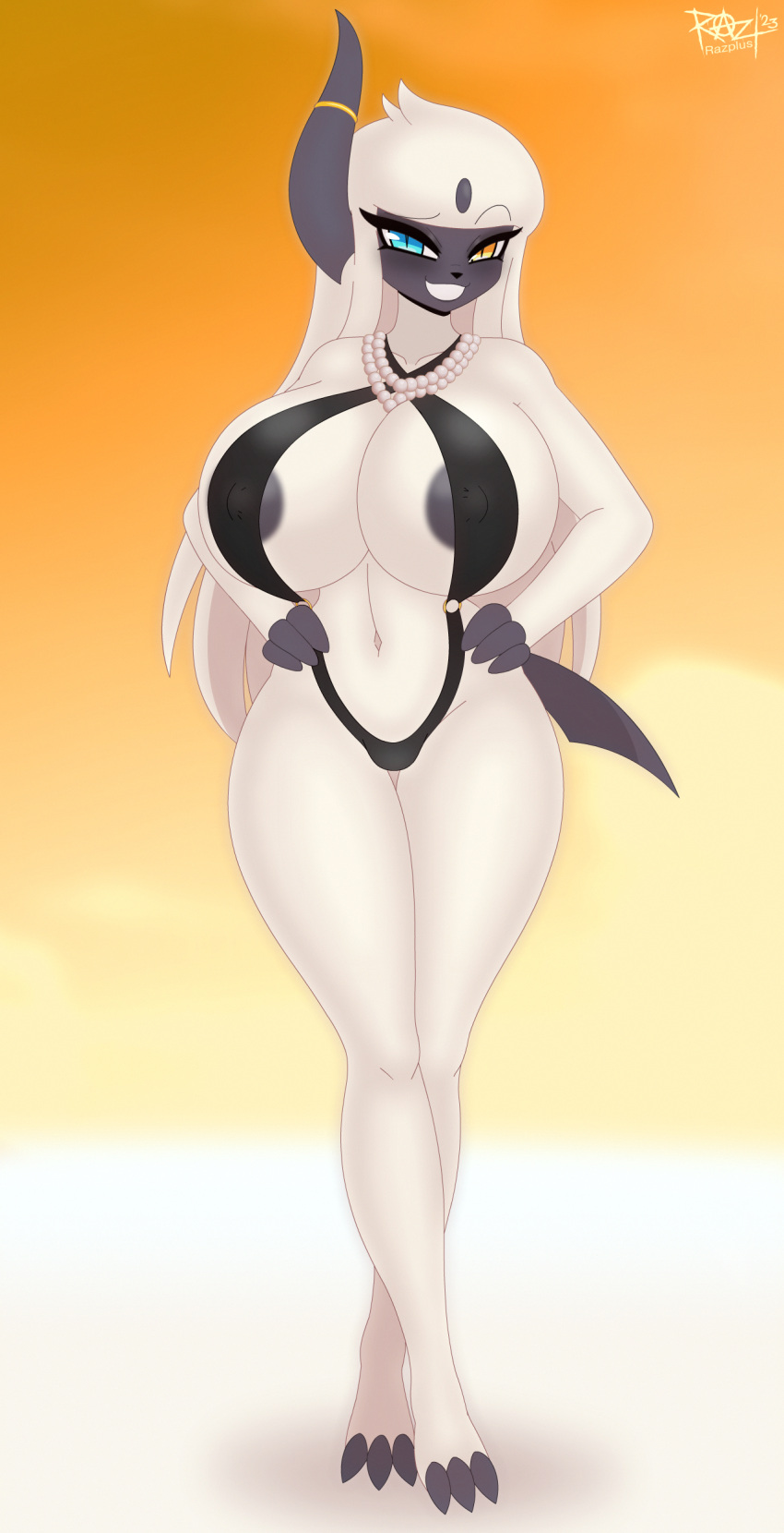 absol absurd_res beach bikini breasts catherine_(r-mk) clothing female full-length_portrait fur gem generation_3_pokemon hair hi_res jewelry long_hair necklace nintendo nipple_slip pearl_(gem) pearl_necklace pokemon pokemon_(species) portrait razplus seaside solo swimwear white_body white_fur