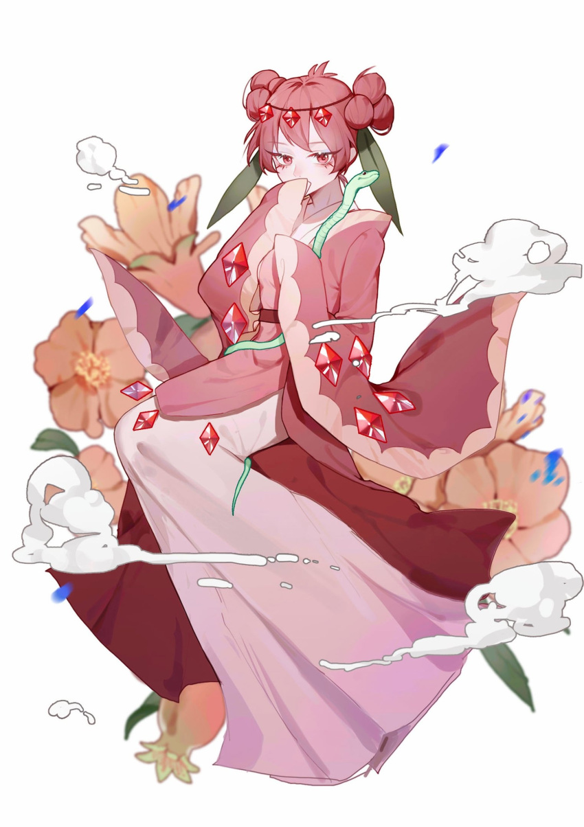 1girl antenna_hair bow cookie_run covering_mouth flower flower_request full_body gem hair_bow highres hiki_furisode japanese_clothes kimono leaf long_eyelashes long_sleeves looking_at_viewer multiple_hair_bows orange_flower pink_kimono pink_robe pomegranate_cookie red_eyes red_gemstone red_hair rina_(pipi58293333) robe short_hair sitting sleeves_past_wrists smoke snake solo tsurime white_background wide_sleeves