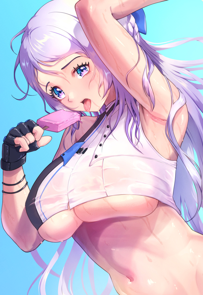1girl absurdres aowa_(dakahi1009) arm_up armpits bare_shoulders black_gloves blue_background blue_bow bow braid breasts commentary_request crop_top cropped_shirt fingerless_gloves folkwang_(nikke) food gloves goddess_of_victory:_nikke grey_hair hair_bow highres holding holding_food holding_popsicle large_breasts long_hair looking_at_viewer navel open_mouth popsicle purple_eyes see-through see-through_shirt shirt sidelocks simple_background sleeveless sleeveless_shirt solo standing stomach sweat tongue tongue_out underboob upper_body wet wet_clothes wet_shirt white_shirt