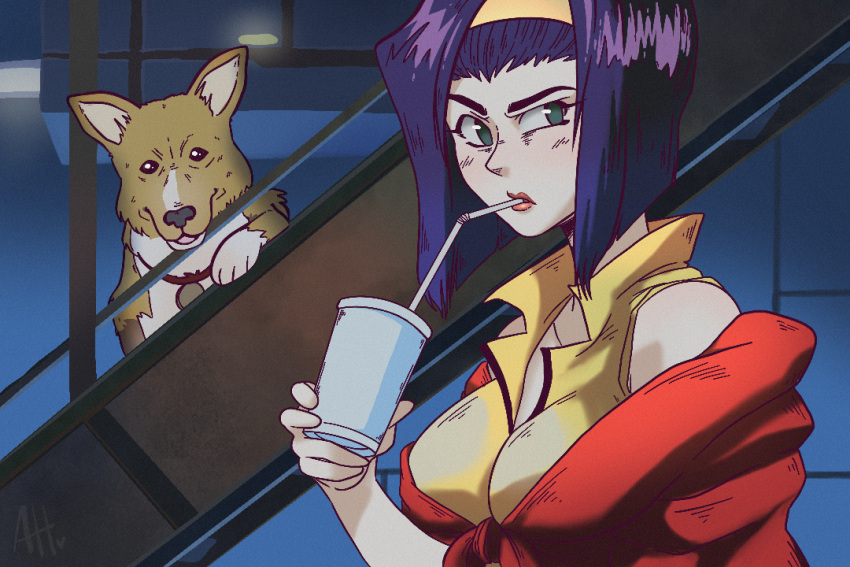 1girl breasts collar cowboy_bebop cup derivative_work dog drinking_straw drinking_straw_in_mouth ein_(cowboy_bebop) faye_valentine hairband holding holding_cup indoors lipstick makeup purple_hair red_collar screencap_redraw stairs welsh_corgi wstaudrey yellow_hairband