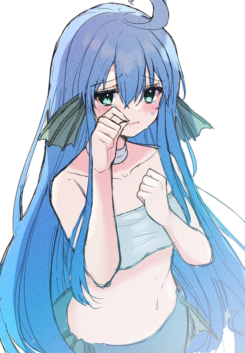 1girl absurdres ahoge bare_shoulders blue_eyes blue_hair blush choker clenched_hands collarbone fins hair_between_eyes head_fins highres kashima_miyako long_hair mermaid monster_girl navel puyopuyo serilly_(puyopuyo) shirt simple_background solo tears very_long_hair white_choker white_shirt