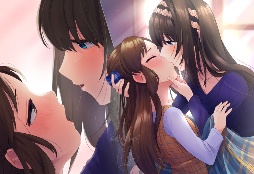 2girls after_kiss age_difference blue_shawl blush brown_hair close-up closed_eyes ear_blush eye_contact facing_another half_updo hand_on_another's_chin hand_on_another's_head idolmaster idolmaster_cinderella_girls kio_mpi kiss looking_at_another multiple_girls multiple_views onee-loli profile purple_shirt sagisawa_fumika saliva saliva_trail shawl shirt signature straight_hair tachibana_arisu tongue tongue_out twitter_username upper_body yuri