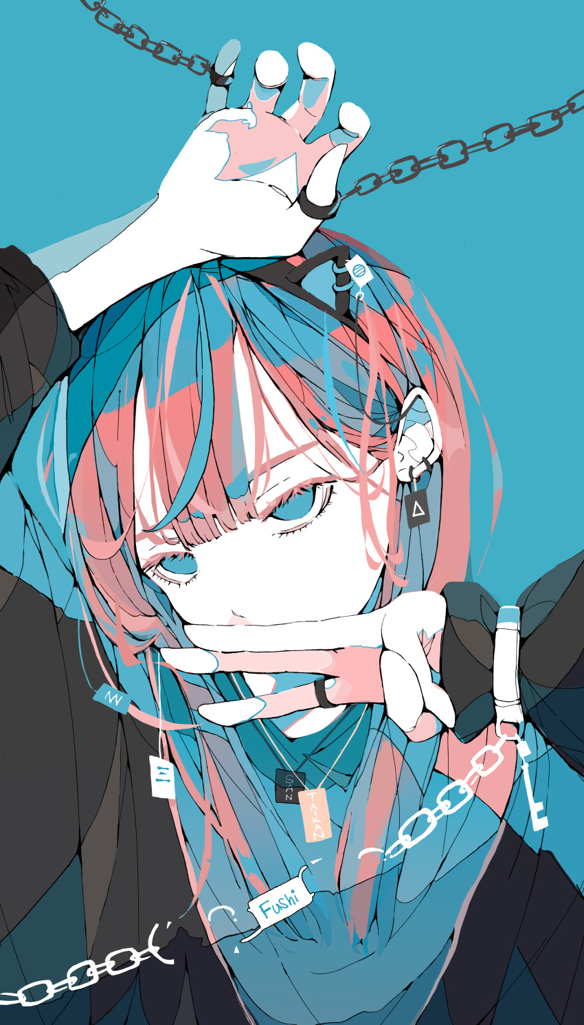 1girl absurdres arm_above_head black_jacket blue_background blue_eyes blue_hair blue_shirt bound bound_fingers chain colored_inner_hair commentary_request covering_mouth ear_piercing earrings head_tilt highres jacket jewelry long_bangs long_sleeves looking_at_viewer middle_w multicolored_hair no_pupils nocopyrightgirl open_clothes open_jacket original pale_skin pendant piercing portrait red_hair ring shirt sleeves_past_wrists solo w