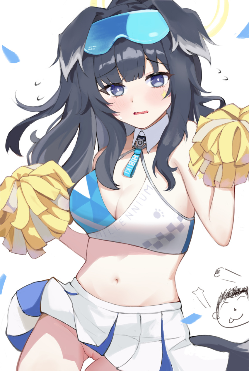 1boy 1girl animal_ears arona's_sensei_doodle_(blue_archive) black_hair blue_archive blue_eyes blush breasts cheerleader cleavage cleft_of_venus commentary criss-cross_halter dog_girl dog_tail dokaw eyewear_on_head halo halterneck hibiki_(blue_archive) hibiki_(cheer_squad)_(blue_archive) highres holding holding_pom_poms looking_at_viewer medium_breasts medium_hair midriff millennium_cheerleader_outfit_(blue_archive) navel no_panties official_alternate_costume pom_pom_(cheerleading) pussy sensei_(blue_archive) simple_background skirt star_sticker sticker_on_face sunglasses tail wavy_mouth white_background white_skirt yellow_halo