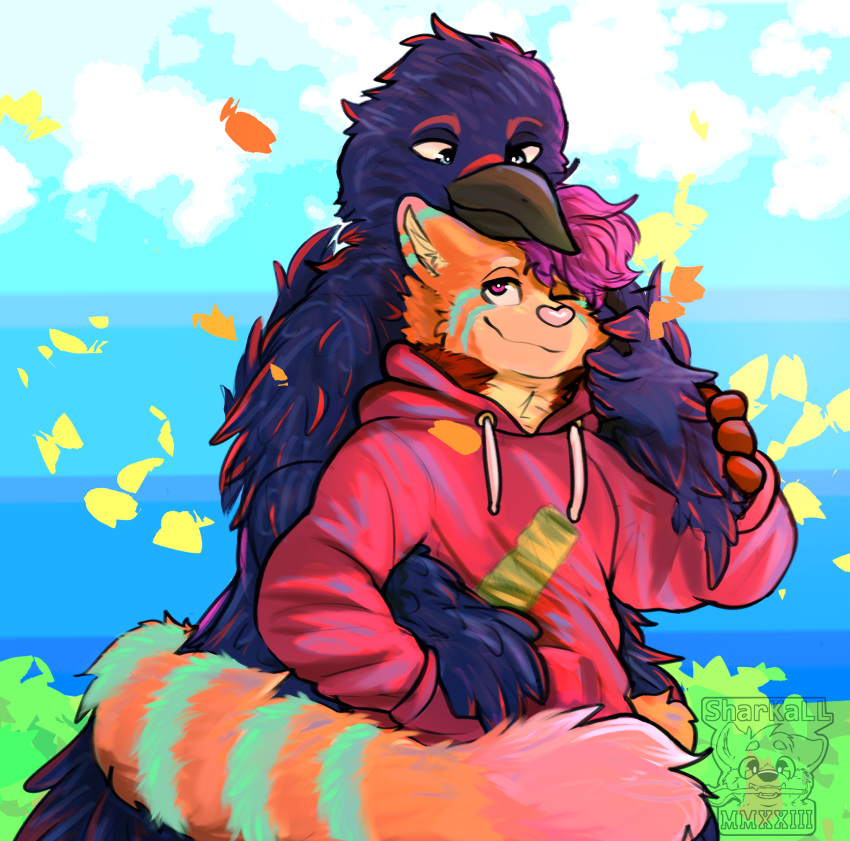 absurd_res ailurid avian bird blue clothing cloud embrace friend hi_res hoodie hug invalid_tag love mammal plant red_panda sea sky topwear water