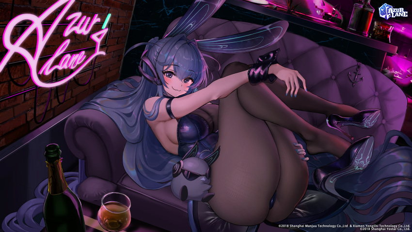 1girl :3 absurdly_long_hair absurdres animal_ears arm_strap ass azur_lane b-pang bare_shoulders black_footwear black_leotard blue_eyes blue_hair bottle breasts brown_pantyhose cleavage closed_mouth couch cup drinking_glass fake_animal_ears feet hand_on_own_ass headgear high_heels high_ponytail highres indoors large_breasts legs legs_up leotard long_hair looking_at_viewer nail_polish neon_lights new_jersey_(azur_lane) new_jersey_(exhilarating_steps!)_(azur_lane) official_alternate_costume official_art on_couch outstretched_arm pantyhose playboy_bunny ponytail rabbit_ears see-through see-through_cleavage shoe_dangle skindentation smile solo tailcoat thick_thighs thighs very_long_hair wrist_cuffs