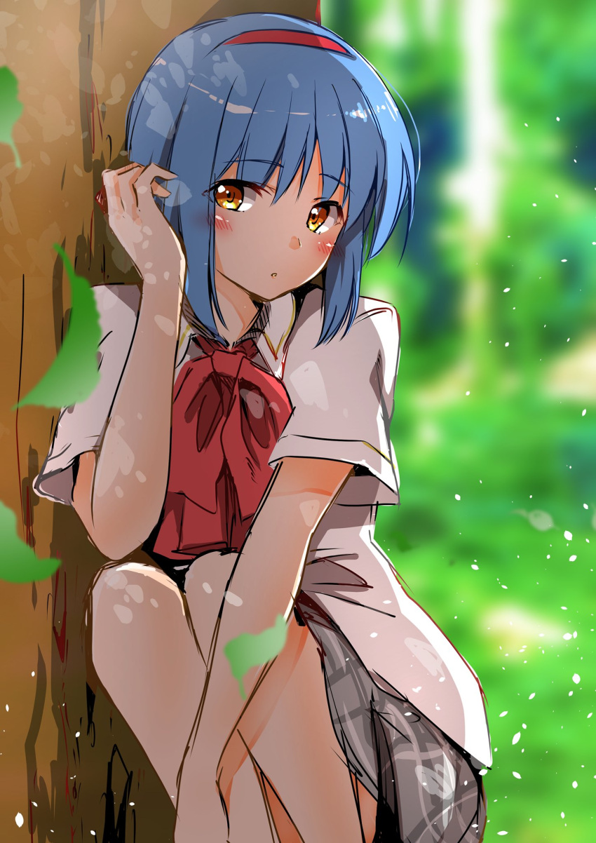 1girl against_tree blue_hair blurry blurry_background blush bow ca2la commentary_request day eyes_visible_through_hair falling_leaves grey_skirt hair_between_eyes hairband hand_up head_tilt highres leaf little_busters! looking_at_viewer miniskirt nishizono_mio outdoors parted_lips pink_bow plaid plaid_skirt pleated_skirt red_hairband shirt short_hair short_sleeves skirt solo squatting tree white_shirt yellow_eyes