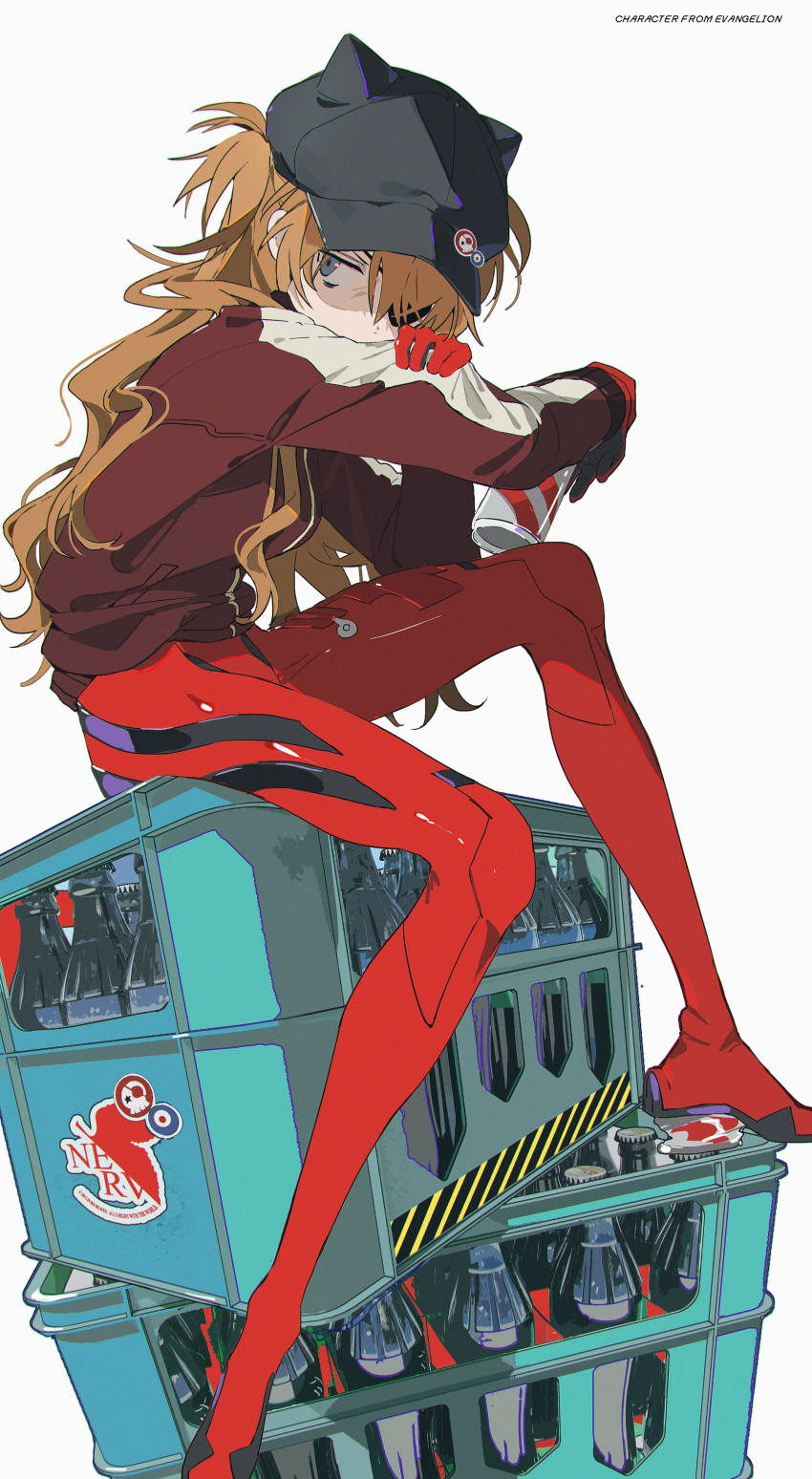 1girl absurdres blue_eyes bodysuit bottle brown_hair can evangelion:_3.0_you_can_(not)_redo eyepatch hair_between_eyes hair_ornament highres long_hair neon_genesis_evangelion orange_hair pilot_suit plugsuit rebuild_of_evangelion red_bodysuit simple_background sitting solo souryuu_asuka_langley white_background z3zz4