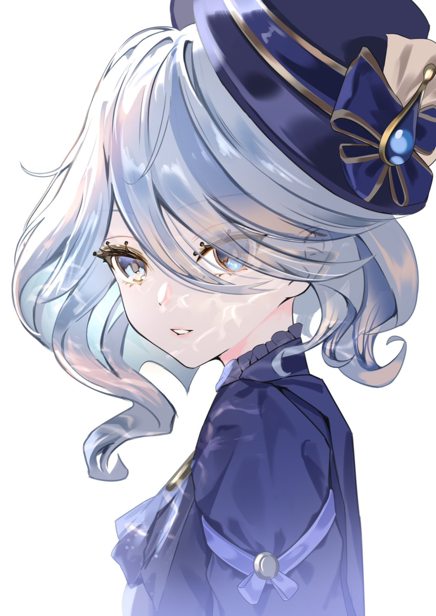 1girl ascot blue_ascot blue_bow blue_eyes blue_gemstone blue_hair bow brown_eyeshadow eyelashes eyes_visible_through_hair eyeshadow frills from_side furina_(genshin_impact) gem genshin_impact grey_hair hair_between_eyes hat hat_bow heterochromia highres jacket komiya_latte lips long_sleeves looking_at_viewer makeup mismatched_pupils multicolored_hair purple_headwear purple_jacket short_hair simple_background solo teeth top_hat two-tone_hair white_background