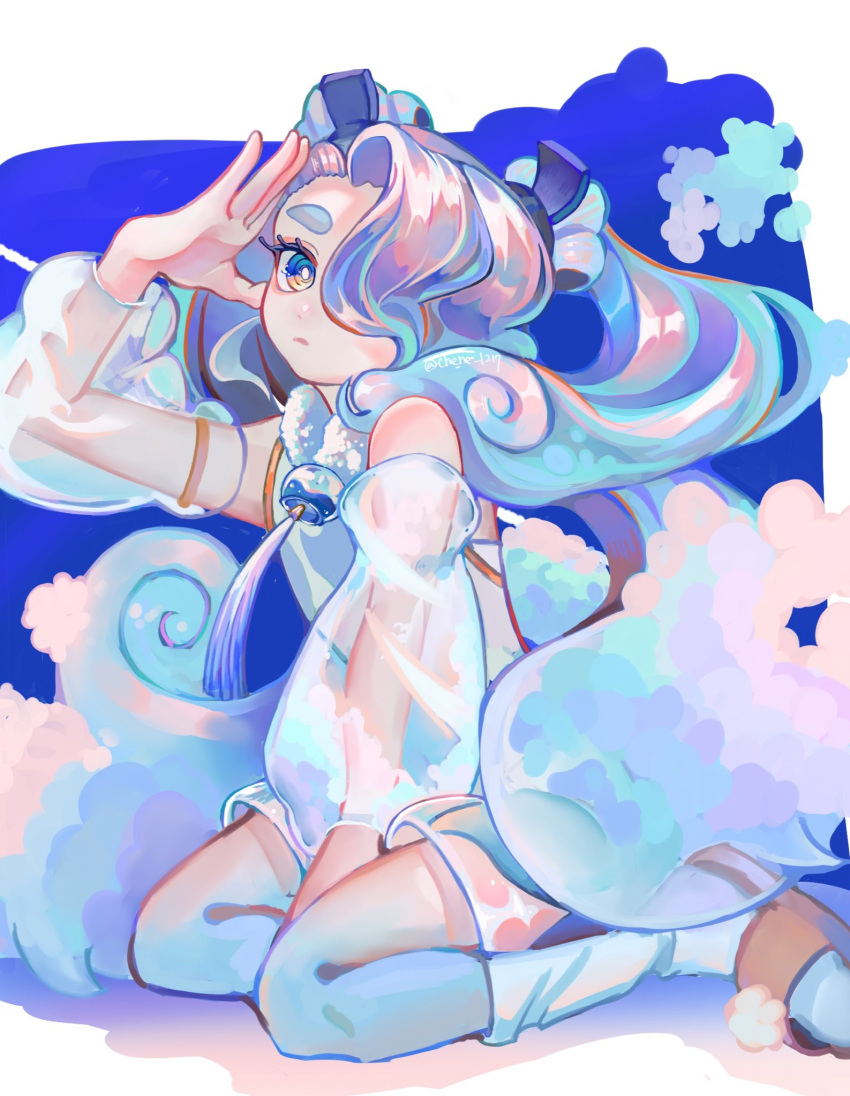 1girl chene_1217 cloud detached_sleeves double_bun eyelashes eyeshadow flying_miku_(project_voltage) hair_bun hair_over_one_eye hatsune_miku highres long_hair looking_at_viewer makeup multicolored_eyes multicolored_hair pokemon project_voltage see-through see-through_shorts see-through_sleeves sitting twintails vocaloid wind_chime