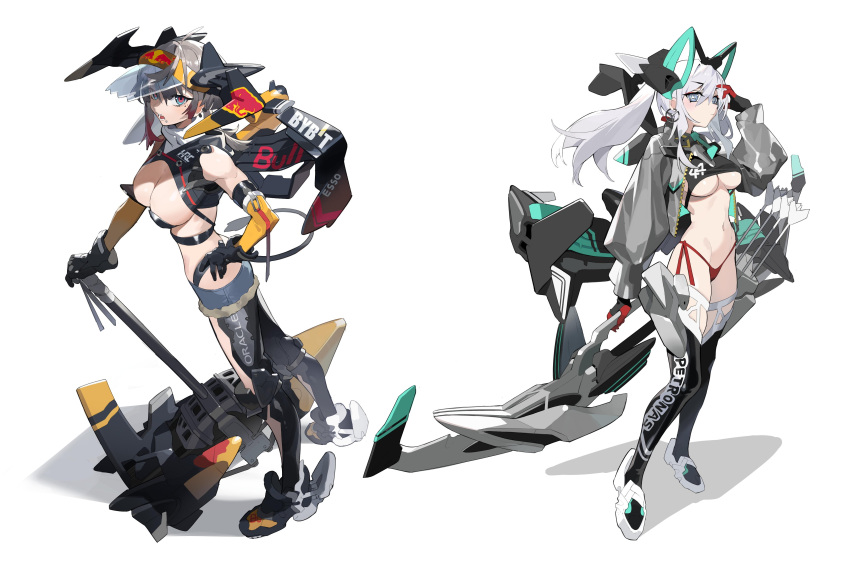 +_+ 2girls absurdres armor asymmetrical_hair bikini black_gloves bow_(weapon) breasts bridal_gauntlets cleavage earrings full-leg_boots full_body gloves grey_eyes grey_hair grey_jacket hair_ornament headband highres holding holding_weapon jacket jewelry large_breasts mallet medium_breasts multicolored_hair multiple_girls navel nori_tamahana original panties parted_bangs red_hair red_panties short_shorts shorts sidelocks standing string_panties swimsuit tail thighhighs twintails underwear visor_cap weapon white_background white_hair