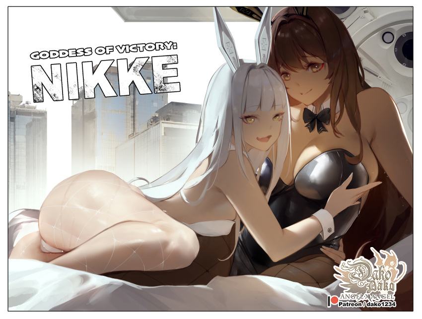 2girls animal_ears ass black_bow black_bowtie blanc_(nikke) bow bowtie breasts brown_eyes brown_hair cleavage commentary copyright_name detached_collar english_commentary fake_animal_ears fishnet_pantyhose fishnets goddess_of_victory:_nikke highres hu_dako large_breasts long_hair looking_at_viewer multiple_girls noir_(nikke) open_mouth pantyhose patreon_username playboy_bunny rabbit_ears small_breasts smile tan thighs white_hair yellow_eyes