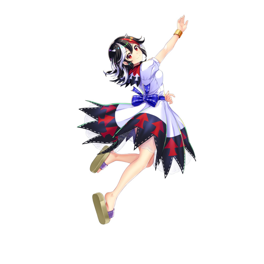 1girl arrow_print black_hair bracelet brown_footwear closed_mouth dress full_body game_cg highres horns jewelry kijin_seija looking_at_viewer multicolored_hair red_eyes red_hair rotte_(1109) sandals short_sleeves simple_background smile solo streaked_hair third-party_source touhou touhou_lost_word white_background white_dress white_hair