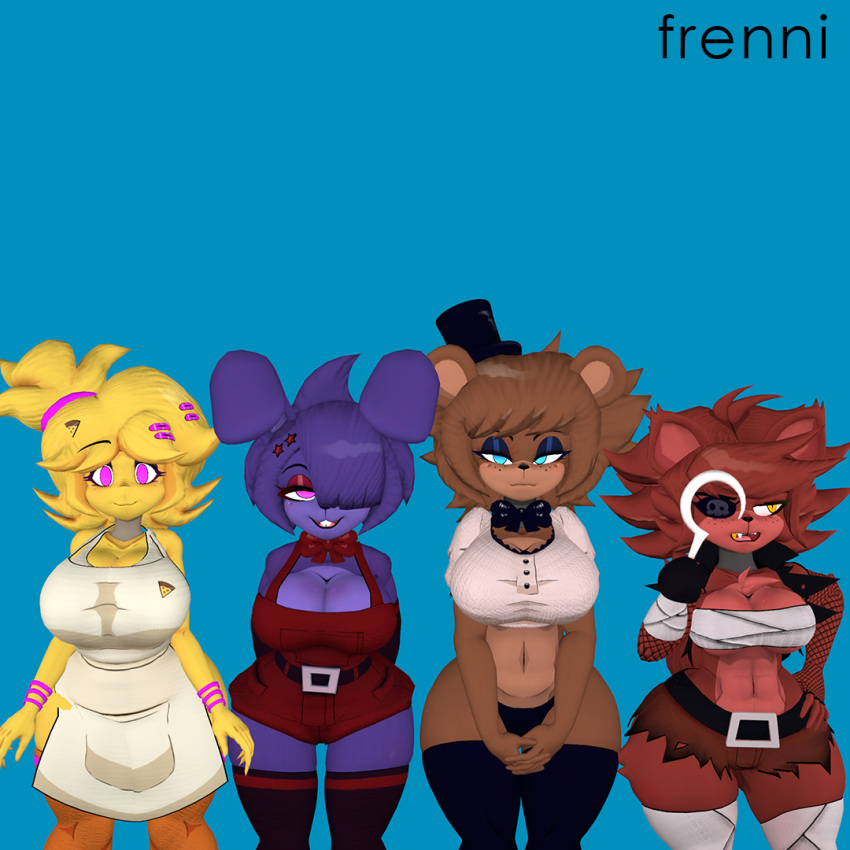1:1 3d_(artwork) album_cover animal_humanoid annoyed annoyed_expression anthro apron avian bandage bear bedroom_eyes belly belt belt_buckle big_breasts bird black_nose blonde_hair blue_background bonfie bonnie_(cally3d) bonnie_(fnaf) bottomwear bow_tie bra breasts brown_body brown_fur brown_hair cally3d canid canid_humanoid canine canine_humanoid chica_(cally3d) chica_(fnaf) chicken chiku_(cryptiacurves) cleavage clothed clothing cover cryptiacurves curvy_figure digital_media_(artwork) dress_shirt english_text eye_patch eyewear female fexa_(cally3d) five_nights_at_freddy's food fox fox_humanoid foxy_(cally3d) foxy_(fnaf) freddy_(fnaf) fredina's_nightclub fredina_(cally3d) fur galliform gallus_(genus) group hair hand_on_hip hands_behind_back hands_together happy hat headgear headwear hook hook_hand hotpants humanoid lagomorph legwear leporid makeshift_clothing mammal mammal_humanoid meme midriff narrowed_eyes open_mouth panties parody phasianid pizza purple_body purple_eyes purple_fur purple_hair rabbit red_body red_fur red_hair rednewth scottgames seductive shirt shorts simple_background smile straps text thick_thighs thigh_gap thigh_highs topwear underwear voluptuous weezer weezer_(blue_album) wide_hips yellow_body yellow_eyes