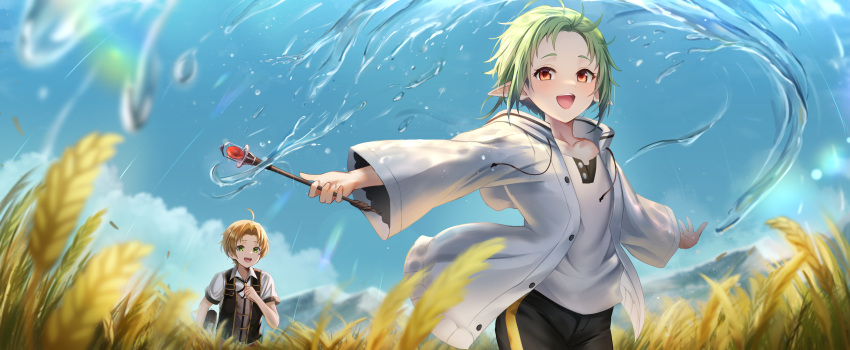1boy 1girl absurdres ahoge black_shorts blonde_hair blurry blurry_background book child cloud collarbone collared_shirt day english_commentary flat_chest gem green_eyes green_hair hair_intakes highres holding holding_book holding_wand hood hooded_jacket hydrokinesis jacket long_sleeves magic mole mole_under_eye moleshi mountain mushoku_tensei open_mouth orange_eyes outdoors pointy_ears red_gemstone rudeus_greyrat running shirt short_hair short_sleeves shorts sky sylphiette_(mushoku_tensei) teeth upper_teeth_only vest wand water wheat_field white_jacket white_shirt wide_sleeves