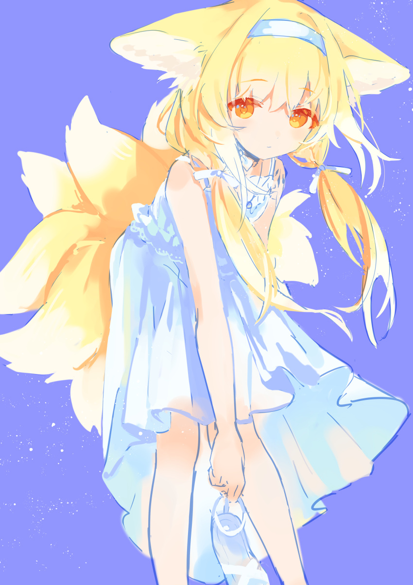 1girl absurdres alternate_costume alternate_hairstyle animal_ears arknights blonde_hair blue_hairband closed_mouth collarbone cy_fros dress ears_down feet_out_of_frame fox_ears fox_girl hair_over_shoulder hair_ribbon hairband high-low_skirt highres holding holding_clothes holding_footwear kitsune kyuubi leaning_forward light_blush light_particles long_hair looking_at_viewer low_twintails multiple_tails orange_eyes oripathy_lesion_(arknights) purple_background ribbon simple_background sleeveless sleeveless_dress solo spaghetti_strap standing sundress suzuran_(arknights) tail twintails white_ribbon