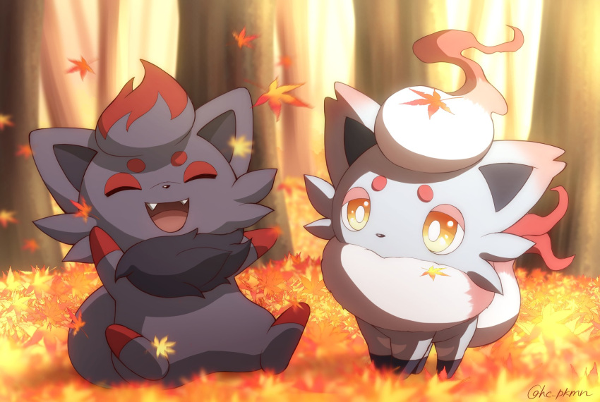 :d ^_^ artist_name autumn autumn_leaves blurry blurry_background bright_pupils closed_eyes commentary day falling_leaves fangs highres hisuian_zorua leaf looking_at_another monaka_(hc_pkmn) no_humans open_mouth outdoors pokemon pokemon_(creature) smile symbol-only_commentary tree twitter_username white_pupils yellow_eyes zorua