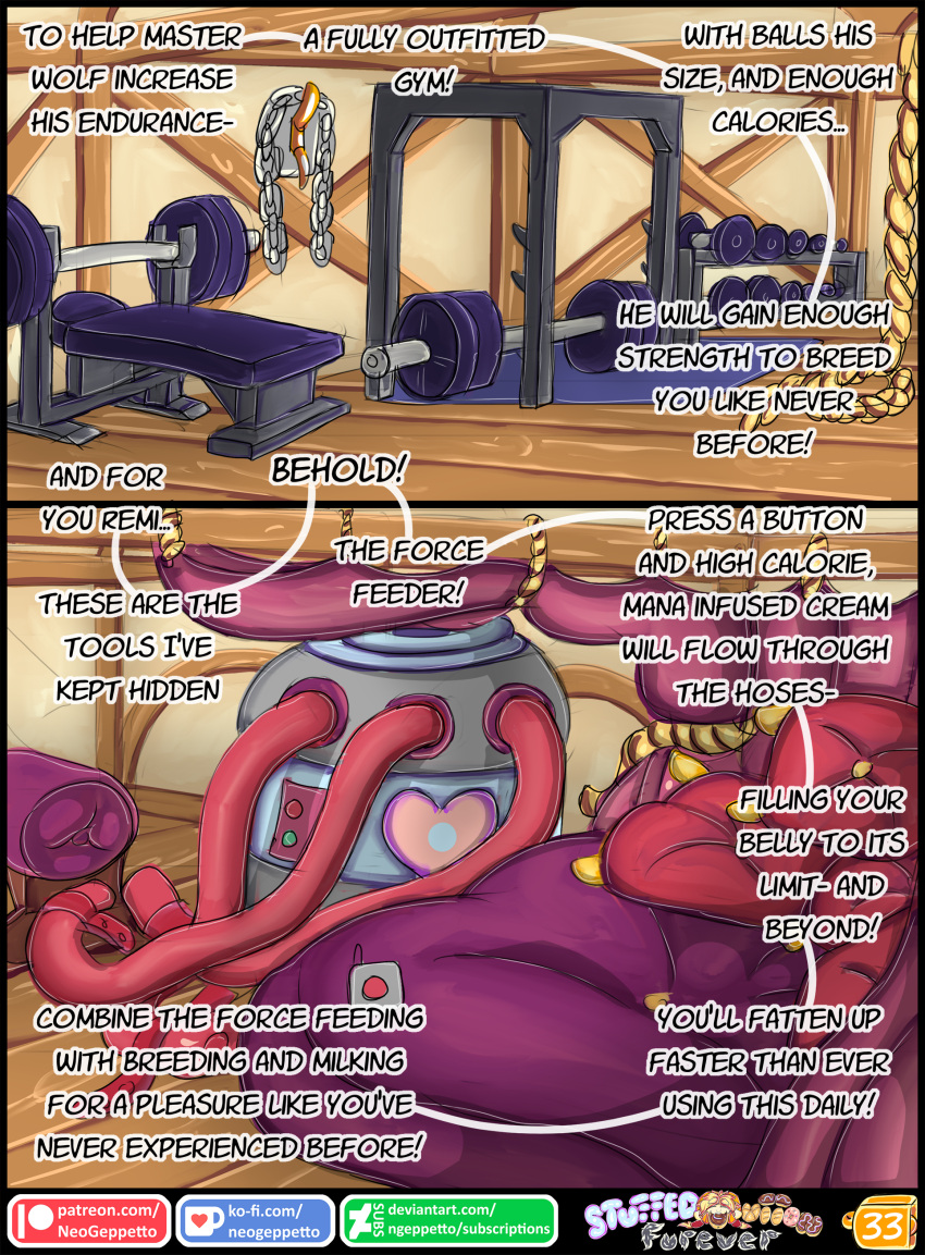 absurd_res bed bed_sheet bedding bedding_background bedroom comic exercise feeding_tube force_feeding forced furniture gym hi_res hose_inflation medical_instrument neo_geppetto scientific_instrument weight_bench weight_machine weightlifting weights workout workout_equipment