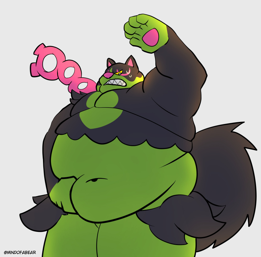5_fingers absurd_res anthro belly belly_grab big_belly black_body black_fur bodily_fluids fingers fluffy fluffy_tail fur green_body green_eyes green_fur hands_on_belly hi_res male mindof multicolored_body multicolored_fur narrowed_eyes navel okidogi overweight overweight_anthro overweight_male pawpads pink_nose pink_pawpads sharp_teeth simple_background solo standing sweat sweatdrop tail teeth twitter_handle two_tone_body two_tone_fur white_background yellow_sclera