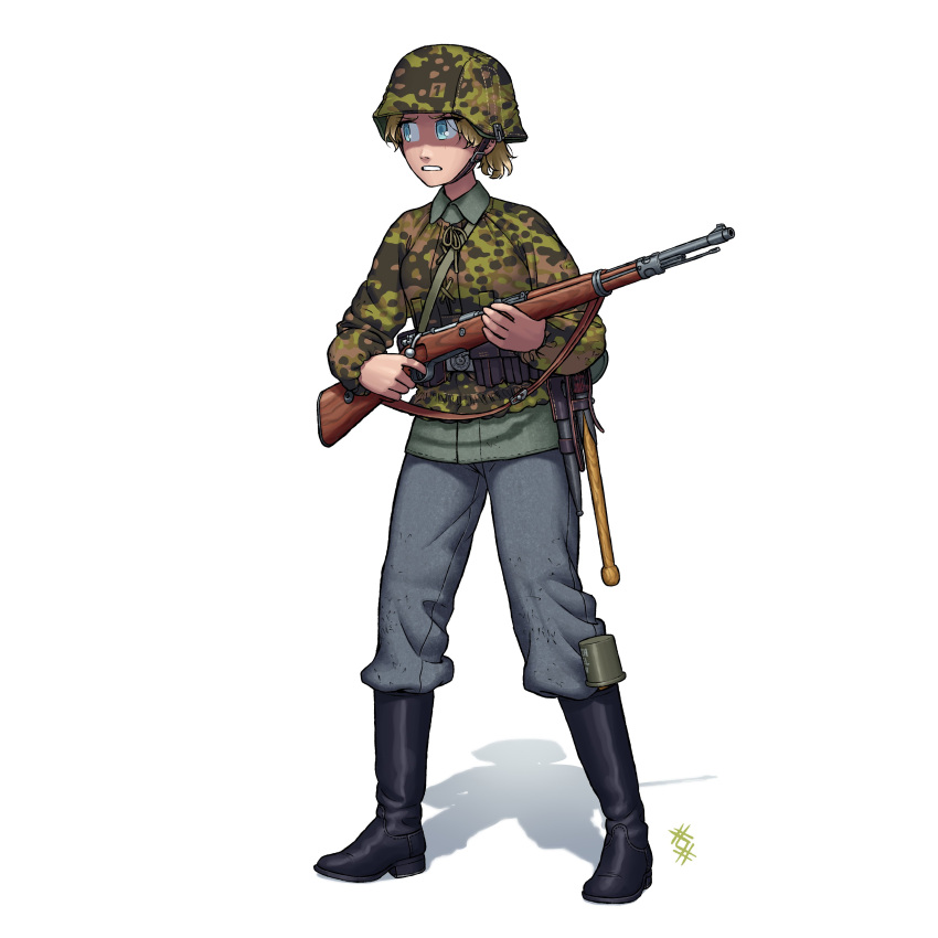 1girl absurdres ammunition_pouch bayonet belt black_footwear blonde_hair bolt_action boots camouflage camouflage_headwear camouflage_jacket combat_helmet entrenching_tool explosive full_body german_army germany grenade gun gun_sling helmet highres holding holding_gun holding_weapon jacket long_sleeves mauser_98 military military_jacket military_uniform original ostwindprojekt pouch rifle simple_background soldier solo ss_uniform stahlhelm standing stielhandgranate uniform waffen-ss weapon white_background world_war_ii