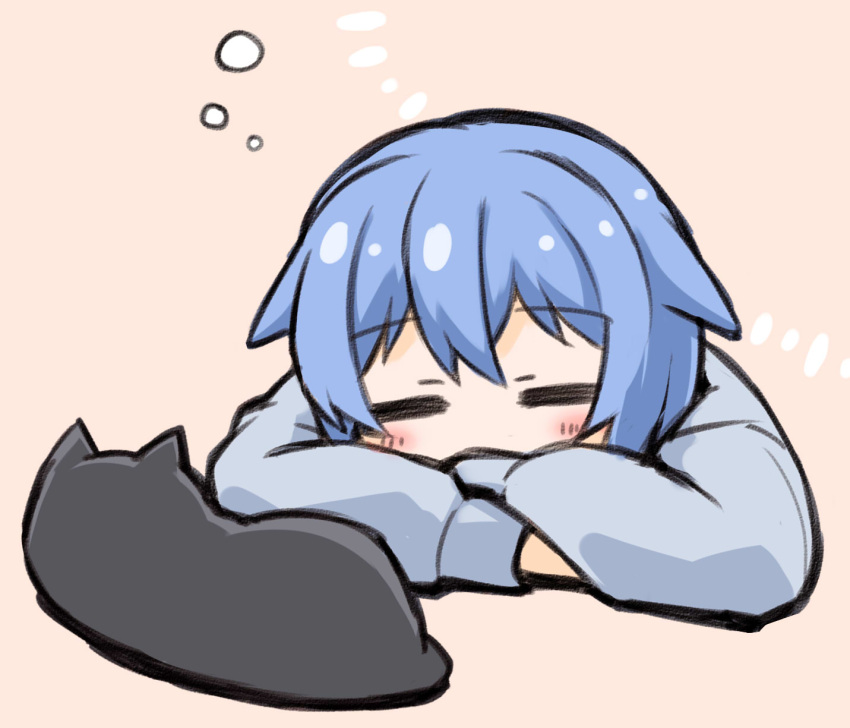 1girl =_= black_cat blue_hair cat closed_eyes commentary fujimi_nemu hair_between_eyes hair_flaps head_rest highres kugelschreiber light_blush long_sleeves onii-chan_wa_oshimai! pink_background simple_background sleep_bubble sleeping solo