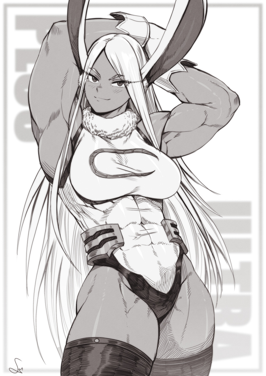 2023 abs absurd_res animal_humanoid biceps breasts clothing female greyscale hair hi_res humanoid lagomorph lagomorph_humanoid legwear leotard leporid_humanoid long_hair mammal mammal_humanoid miruko monochrome muscular muscular_female my_hero_academia rabbit_humanoid solo speedl00ver thick_thighs thigh_highs