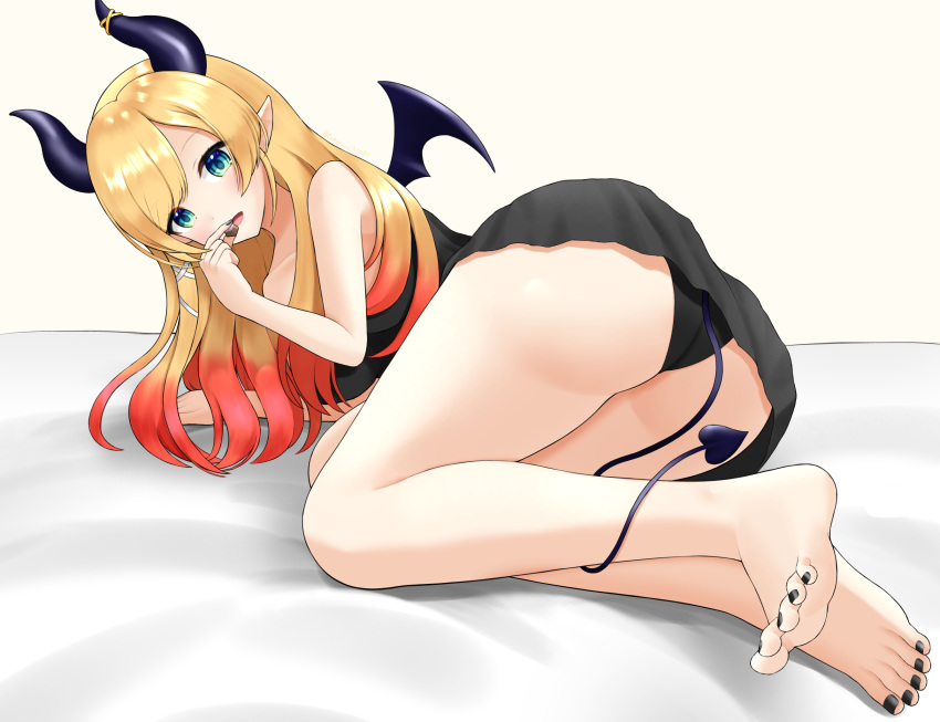 1girl aqua_eyes artistic_error ass barefoot bed_sheet black_dress black_nails black_panties blonde_hair breasts collarbone demon_horns demon_tail demon_wings dorsiflexion dress eyelashes feet foreshortening from_behind full_body gradient_hair hand_up highres hololive horn_ornament horns large_breasts legs looking_at_viewer looking_back multicolored_hair nail_polish open_mouth panties parted_bangs pointy_ears red_hair shadow short_dress solo tail tamagotozi3420 toenail_polish toenails toes underwear virtual_youtuber wings yuzuki_choco