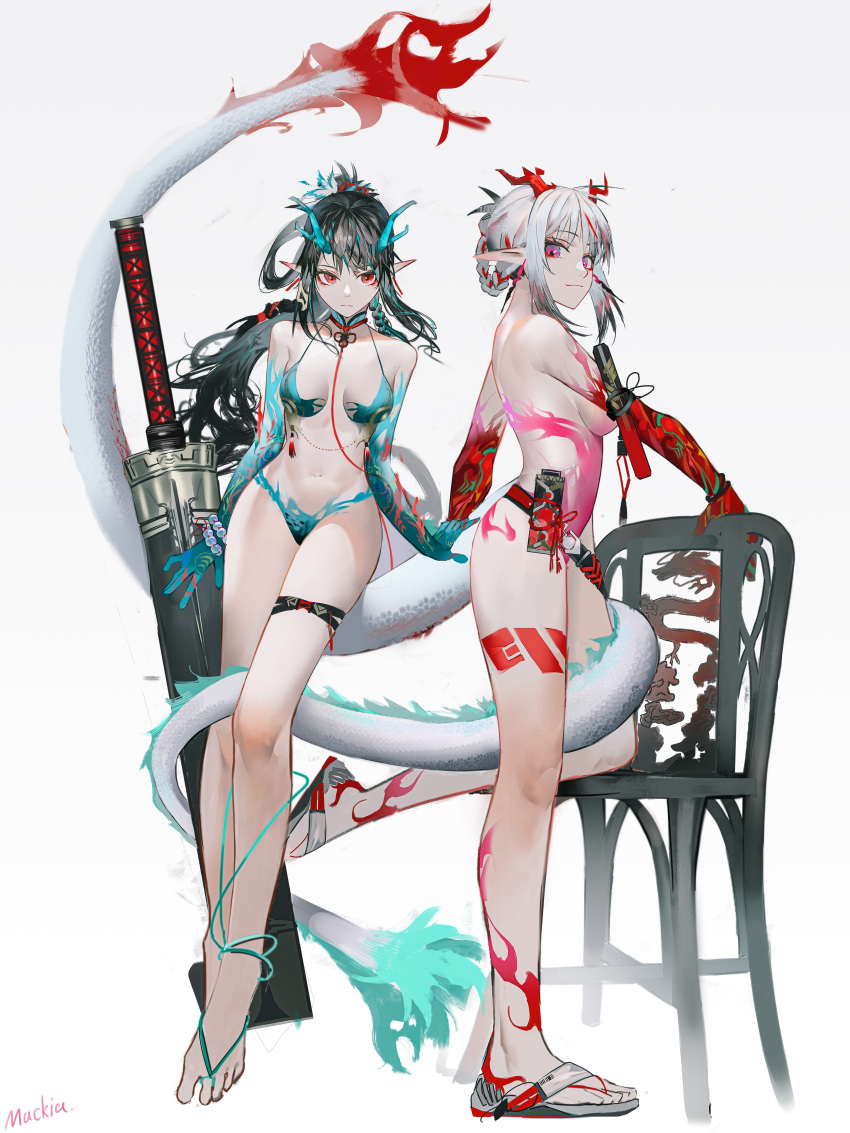 absurdres arknights bead_bracelet beads bikini black_hair bracelet braid breasts chair dragon_girl dragon_horns dusk_(arknights) flame-tipped_tail full_body green_bikini highres horns jewelry leg_tattoo long_hair looking_at_viewer mackia medium_breasts multicolored_hair navel nian_(arknights) pink_eyes pointy_ears red_bikini red_eyes sandals scabbard sheath siblings simple_background sisters streaked_hair swimsuit sword tail_around_another's_leg tattoo weapon white_background white_hair