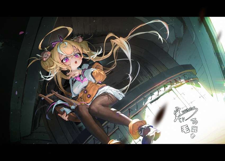 1girl blonde_hair blush breasts brown_footwear brown_pantyhose commentary_request dated dress floating_hair full_body hair_between_eyes hair_ornament hair_scrunchie han_keshi_chao_mang_de hand_up highres holding holding_instrument instrument jacket letterboxed long_hair long_sleeves lyre medium_breasts multicolored_hair necktie off_shoulder open_mouth orange_jacket original pantyhose pink_necktie purple_eyes scrunchie signature sitting solo streaked_hair twintails very_long_hair white_dress