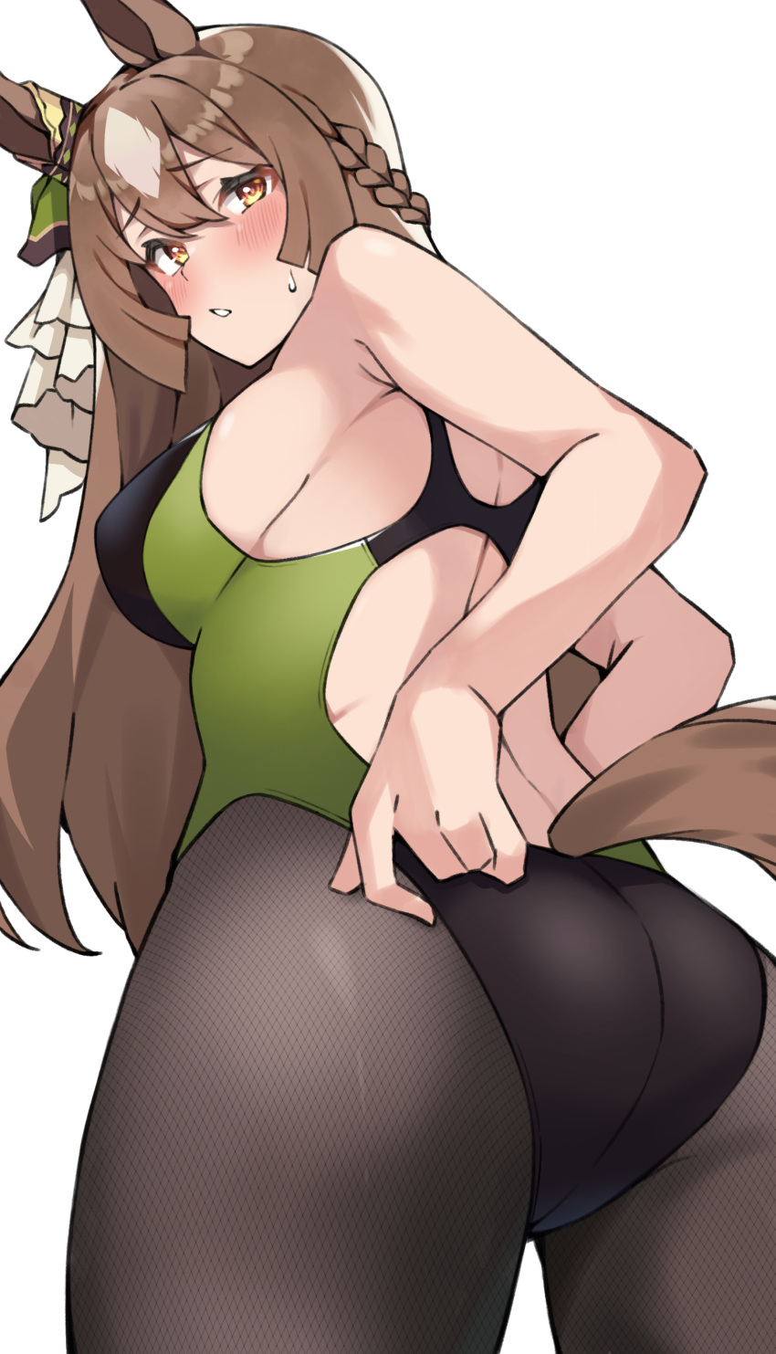1girl absurdres adjusting_clothes adjusting_swimsuit animal_ears ass black_pantyhose braid breasts brown_hair competition_swimsuit cowboy_shot french_braid from_behind highleg highres horse_ears horse_girl horse_tail long_hair looking_at_viewer looking_back multicolored_hair one-piece_swimsuit pantyhose pantyhose_under_swimsuit pirukusu satono_diamond_(umamusume) sideboob solo streaked_hair swimsuit tail tail_through_clothes umamusume white_hair