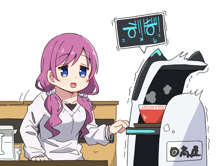 1girl blue_eyes bowl breasts collarbone commentary_request glass gochuumon_wa_usagi_desu_ka? hair_bobbles hair_ornament karede_yura long_hair long_sleeves looking_at_viewer low_twintails medium_breasts mohei motion_lines open_mouth pitcher_(container) purple_hair robot shirt simple_background solo spoken_expression steam table trembling twintails upper_body white_background white_shirt